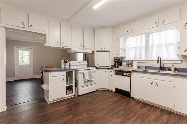 kitchen featuring white cabinets, sink, dark wood-type flooring, and white appliances