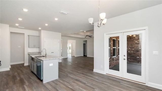 9836 Nadine Ln S, Mobile, AL 36695 - kitchen with french doors, dark wood-style floors, gray cabinets, an island with sink, and recessed lighting