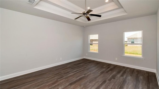 9836 Nadine Ln S, Mobile, AL 36695 - empty room featuring a tray ceiling, crown molding, dark wood-type flooring, recessed lighting, and ceiling fan