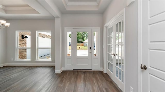 9836 Nadine Ln S, Mobile, AL 36695 - entrance foyer featuring dark wood-type flooring, crown molding, and a tray ceiling