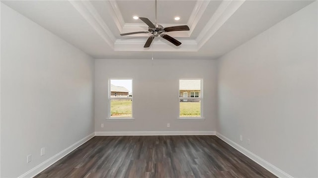 9836 Nadine Ln S, Mobile, AL 36695 - empty room featuring a raised ceiling, crown molding, dark wood finished floors, recessed lighting, and a ceiling fan