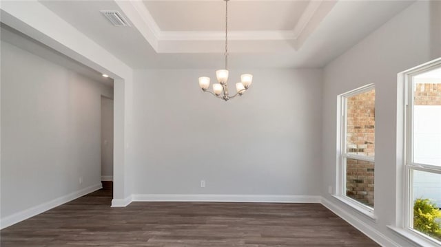 9836 Nadine Ln S, Mobile, AL 36695 - unfurnished room featuring a tray ceiling, a chandelier, dark wood finished floors, and crown molding