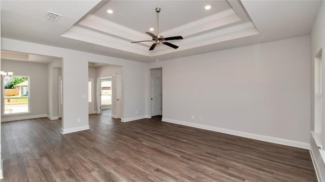 9836 Nadine Ln S, Mobile, AL 36695 - unfurnished room featuring a raised ceiling, ornamental molding, ceiling fan, dark wood-style flooring, and recessed lighting