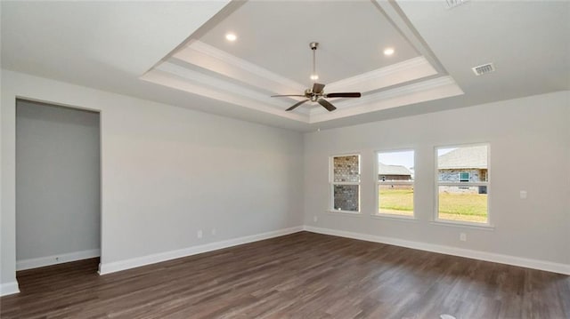 9836 Nadine Ln S, Mobile, AL 36695 - spare room featuring a raised ceiling, crown molding, dark wood-style floors, a ceiling fan, and recessed lighting