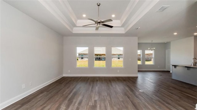9836 Nadine Ln S, Mobile, AL 36695 - unfurnished living room with crown molding, a raised ceiling, recessed lighting, a ceiling fan, and dark wood finished floors