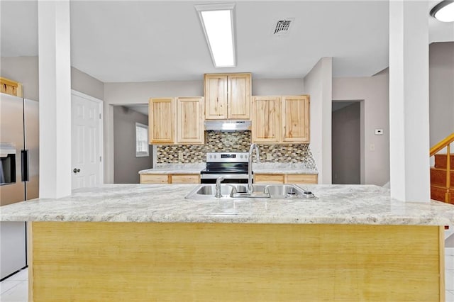 703 Townsend Cir, Chickasaw, AL 36611 - kitchen featuring appliances with stainless steel finishes, light brown cabinetry, under cabinet range hood, tasteful backsplash, and a sink