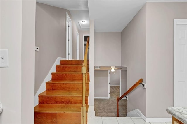703 Townsend Cir, Chickasaw, AL 36611 - staircase featuring baseboards, carpet flooring, and ceiling fan