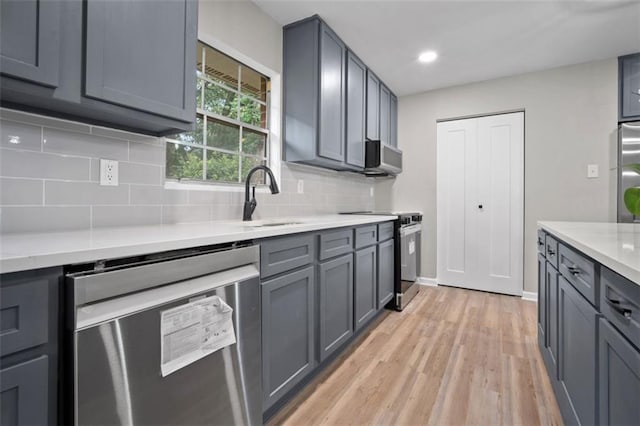 kitchen featuring light wood-type flooring, decorative backsplash, recessed lighting, gray cabinets, and appliances with stainless steel finishes