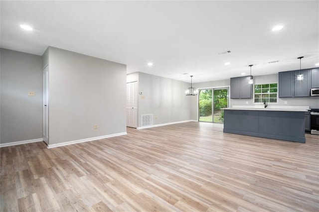 unfurnished living room featuring a sink, visible vents, baseboards, and light wood finished floors