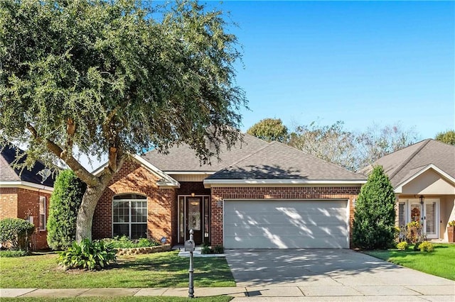 view of front of property with a garage and a front lawn