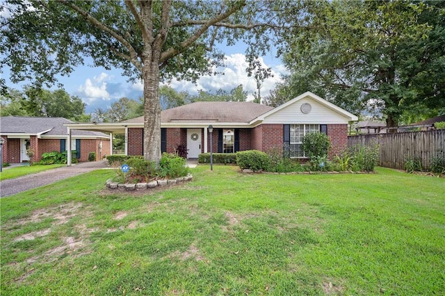 ranch-style home featuring a front lawn and a carport