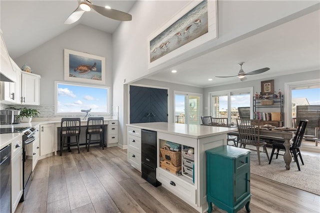 kitchen with plenty of natural light, ceiling fan, and white cabinets