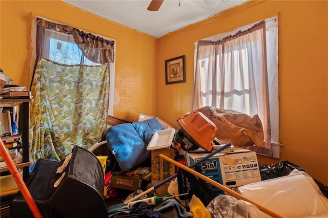 miscellaneous room featuring ceiling fan, a wealth of natural light, and a textured ceiling