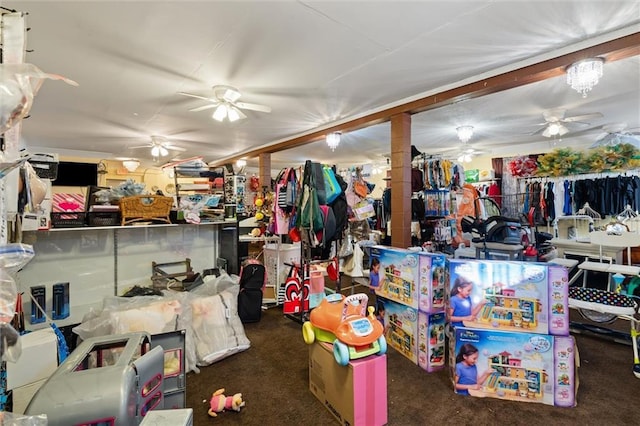 miscellaneous room with carpet floors and ceiling fan