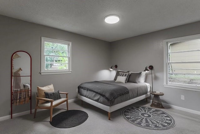 bedroom featuring carpet and a textured ceiling