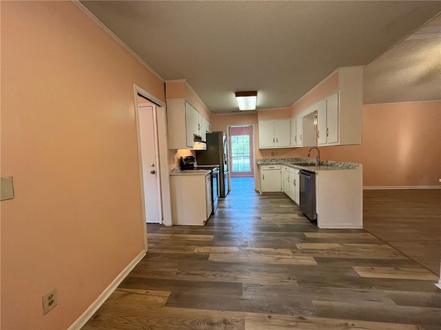 kitchen with white cabinets, dishwasher, dark hardwood / wood-style flooring, range with electric cooktop, and ornamental molding