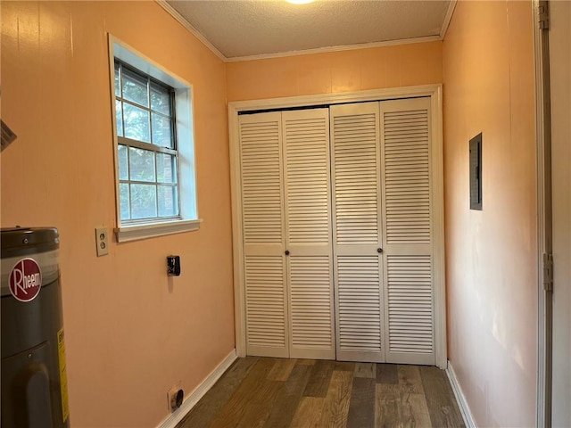 interior space featuring dark wood-type flooring, ornamental molding, a textured ceiling, and water heater