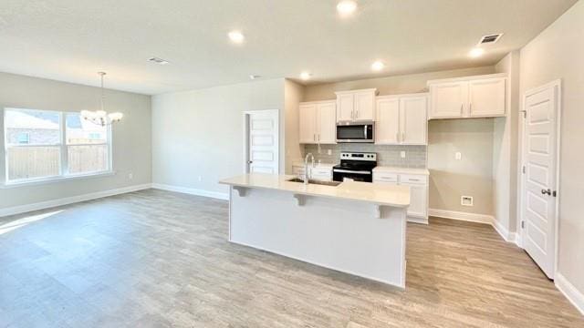 kitchen featuring sink, white cabinetry, a center island with sink, electric stove, and backsplash