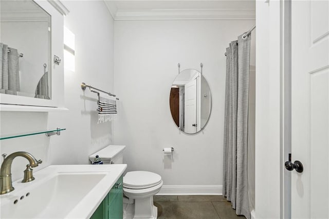 bathroom with toilet, sink, a shower with curtain, ornamental molding, and tile patterned flooring