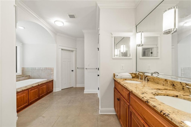 bathroom featuring crown molding, a tub to relax in, tile patterned flooring, and vanity