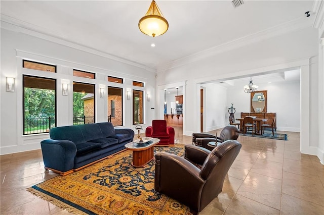 living room with ornamental molding, light tile patterned flooring, and a chandelier