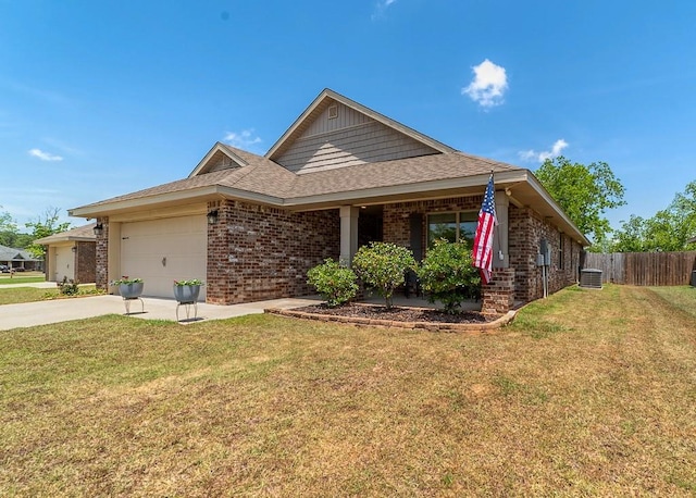 ranch-style home featuring a front yard, a garage, brick siding, fence, and concrete driveway