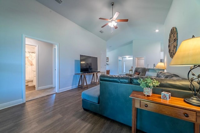 living area with ceiling fan, visible vents, baseboards, high vaulted ceiling, and dark wood-type flooring