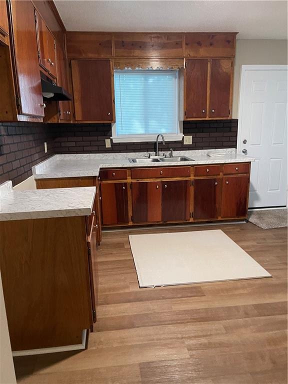 kitchen featuring sink, tasteful backsplash, and light hardwood / wood-style floors