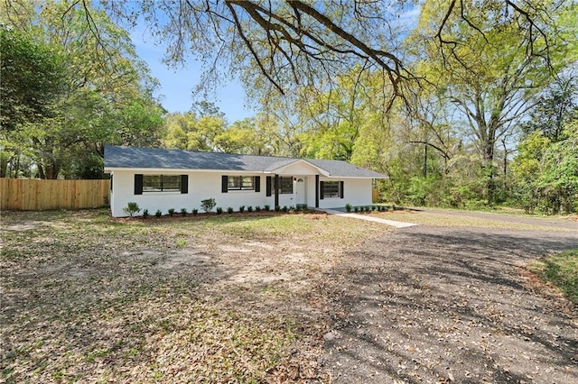 single story home featuring fence