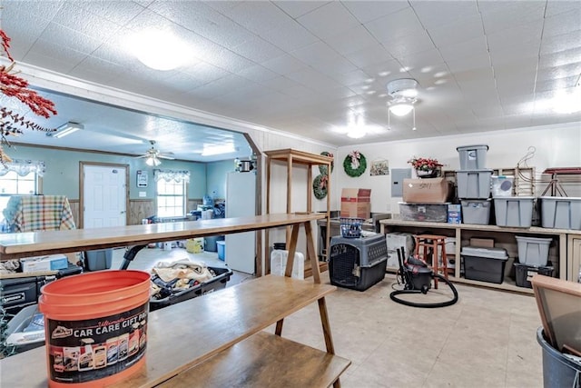 12850 Saeger Rd, Grand Bay, AL 36541 - dining room with ceiling fan, ornamental molding, electric panel, and tile patterned floors