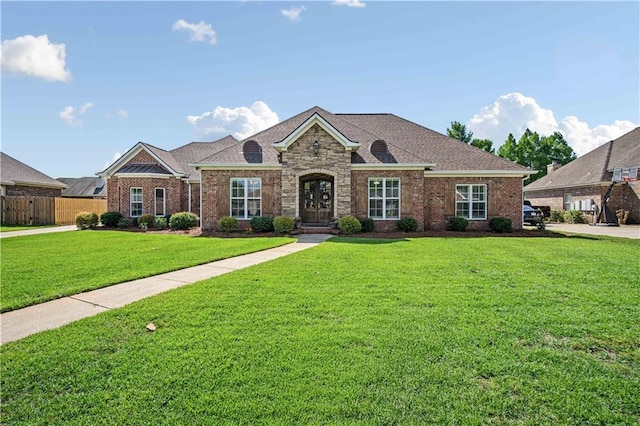2217 Shandwick Dr, Mobile, AL 36695 - french country home featuring brick siding, roof with shingles, and stone siding