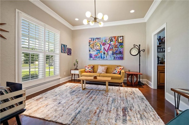 2217 Shandwick Dr, Mobile, AL 36695 - living area with crown molding, a chandelier, plenty of natural light, baseboards, and recessed lighting