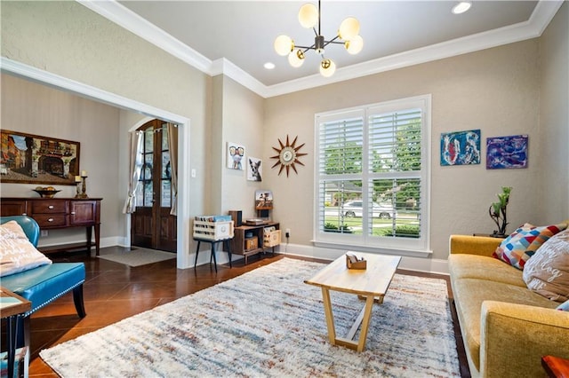 2217 Shandwick Dr, Mobile, AL 36695 - living room featuring a chandelier, ornamental molding, dark tile patterned floors, arched walkways, and recessed lighting