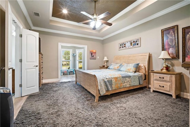 2217 Shandwick Dr, Mobile, AL 36695 - bedroom with a raised ceiling, crown molding, baseboards, and a ceiling fan