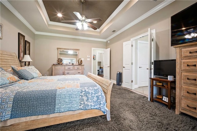 2217 Shandwick Dr, Mobile, AL 36695 - carpeted bedroom featuring a raised ceiling, ornamental molding, and a ceiling fan