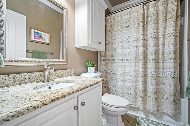 2217 Shandwick Dr, Mobile, AL 36695 - bathroom featuring toilet, vanity, shower / bath combo, tile patterned flooring, and crown molding