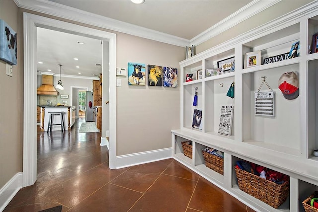 2217 Shandwick Dr, Mobile, AL 36695 - mudroom with baseboards, crown molding, recessed lighting, and dark tile patterned floors