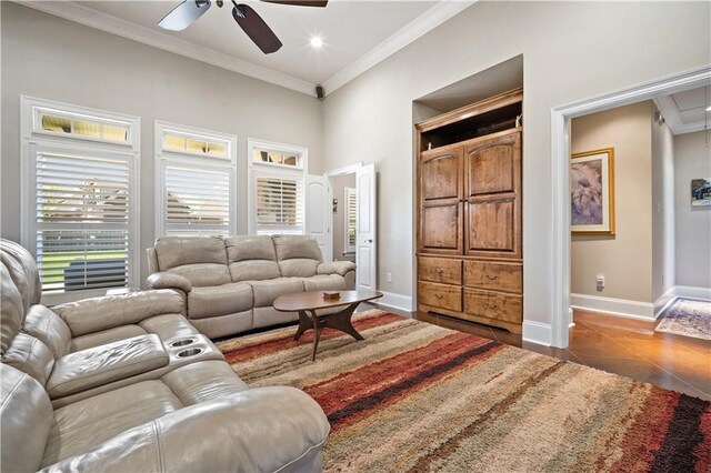 2217 Shandwick Dr, Mobile, AL 36695 - tiled living room with ceiling fan, ornamental molding, baseboards, recessed lighting, and attic access