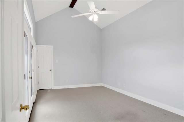 101 Fairhope Ct N Unit 16, Fairhope, AL 36532 - carpeted spare room with high vaulted ceiling, ceiling fan, baseboards, and beam ceiling