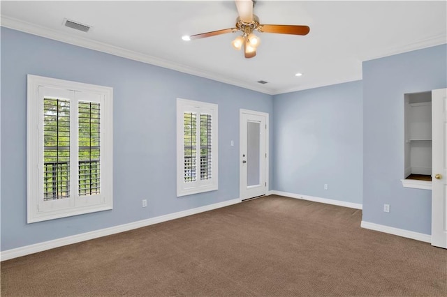 101 Fairhope Ct N Unit 16, Fairhope, AL 36532 - empty room featuring dark carpet, ornamental molding, baseboards, ceiling fan, and recessed lighting