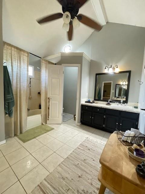 full bathroom featuring ceiling fan, vanity, tile patterned floors, shower / bathtub combination with curtain, and vaulted ceiling with beams