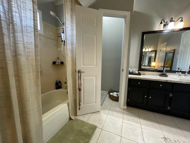 bathroom featuring tile patterned floors, vanity, and shower / bathtub combination with curtain