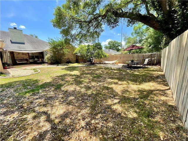 view of yard featuring a fenced backyard and a patio area