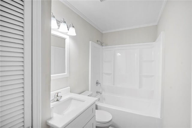 full bathroom with toilet, vanity, crown molding, and bathtub / shower combination