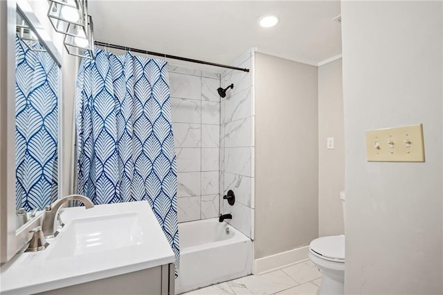 full bathroom with toilet, shower / bath combination with curtain, and vanity