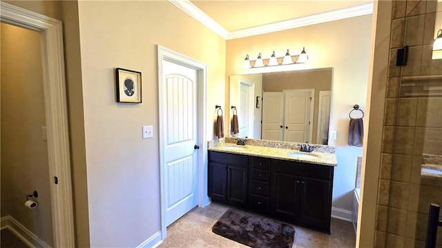 1109 Orlando Dr, Foley, AL 36535 - bathroom with crown molding, baseboards, double vanity, and tiled shower