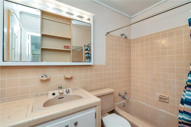 full bathroom featuring toilet, tasteful backsplash, ornamental molding, vanity, and shower / bath combination with curtain