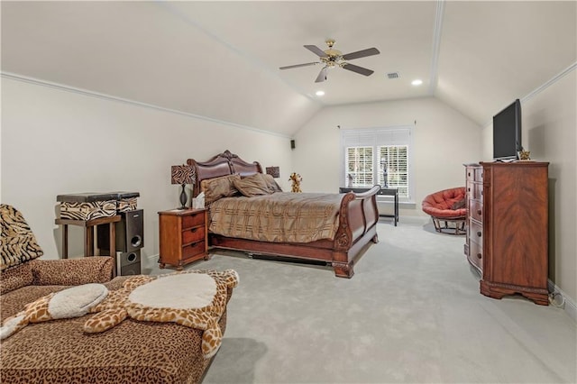 carpeted bedroom featuring a ceiling fan, baseboards, visible vents, lofted ceiling, and recessed lighting