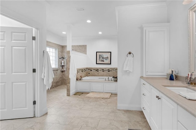 full bath with ornamental molding, recessed lighting, walk in shower, a bath, and vanity