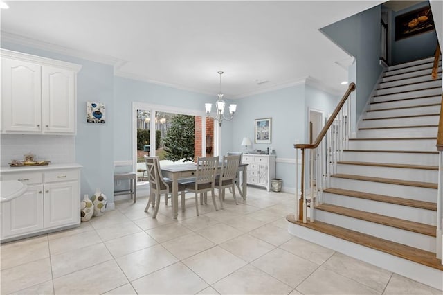 dining space featuring baseboards, stairway, ornamental molding, an inviting chandelier, and light tile patterned flooring